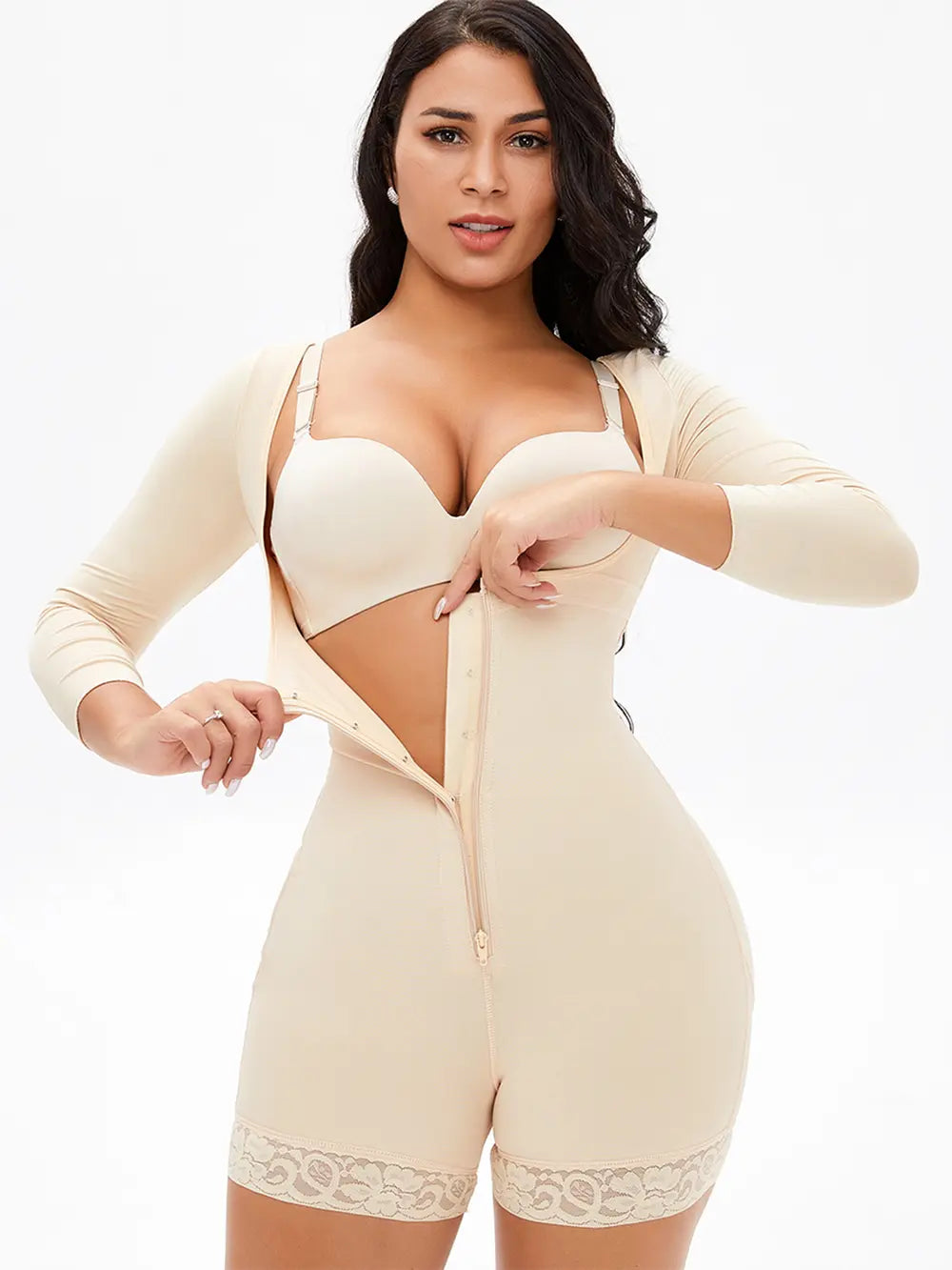 Women's black full body shapewear with zipper for tummy control, waist shaping and butt lifting  