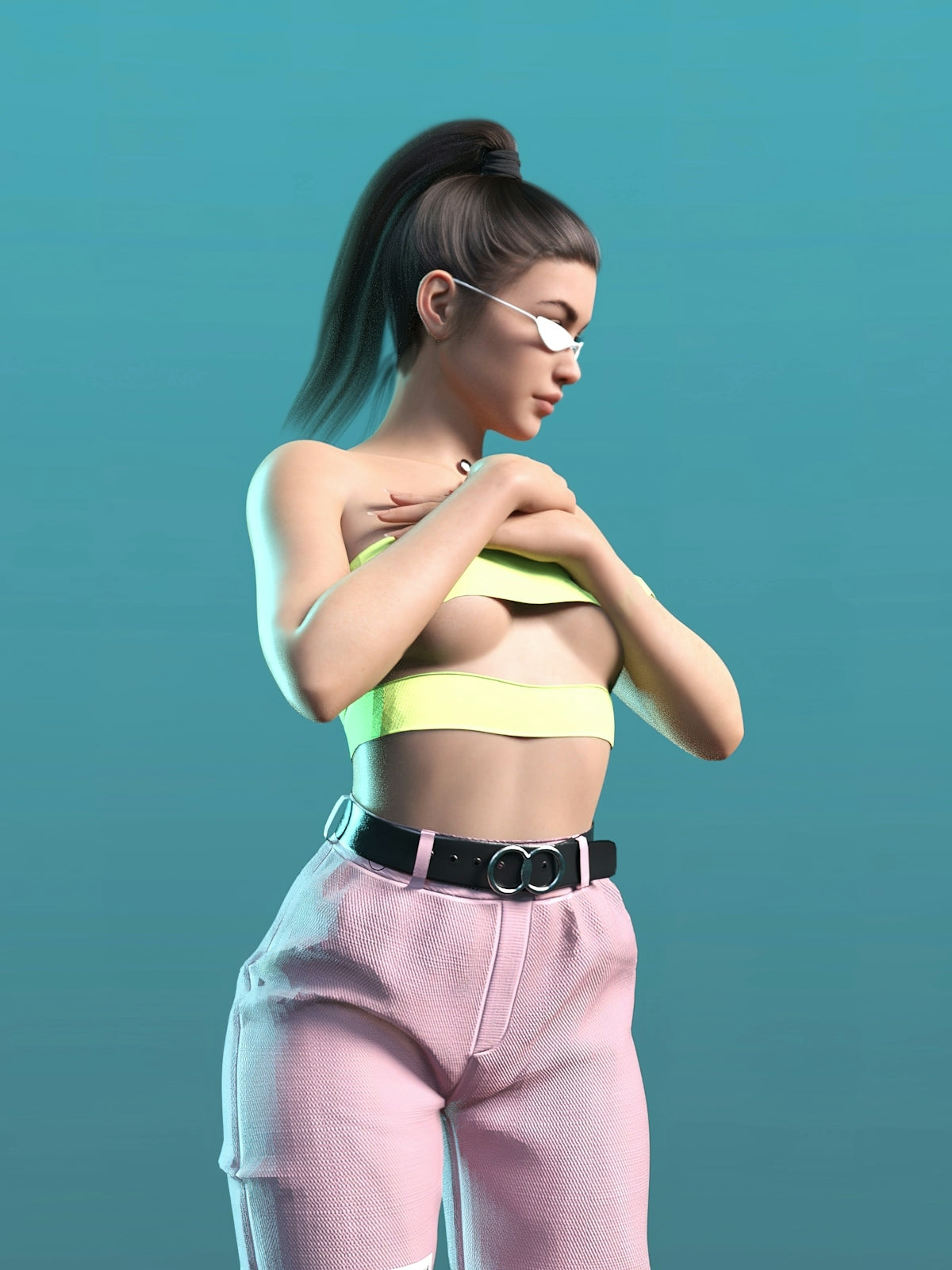 a woman wearing a yellow and pink garment and pink pants