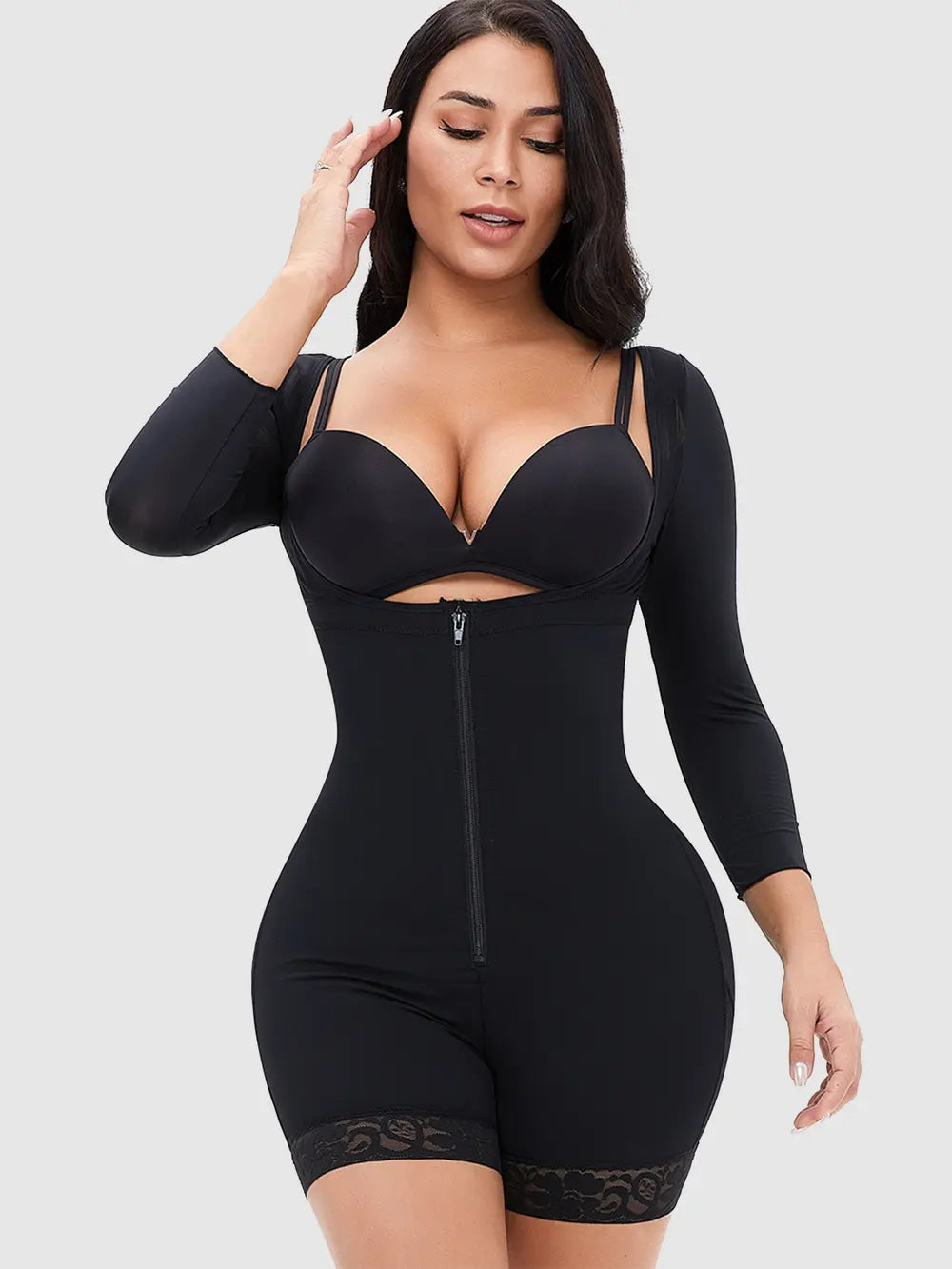 Black long sleeve full body shapewear with lace trim
