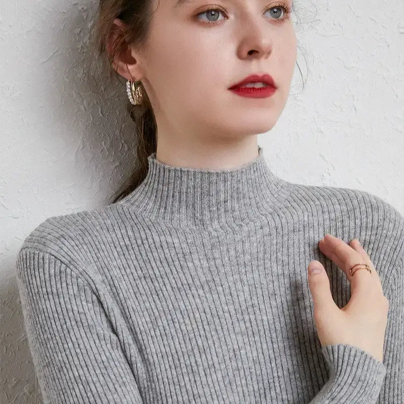 Autumn Winter New Half Turtleneck Pullover Sweater for Women Slim Fit Short Long Sleeve Knitted Base Shirt Polyester Viscose Fiber Sweater - wilf Trend