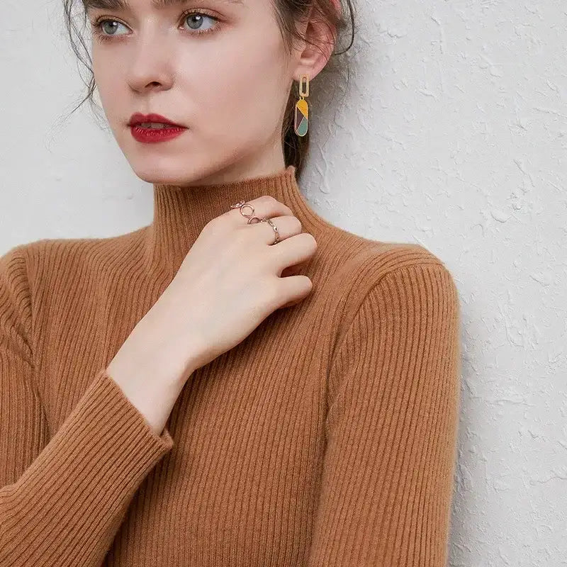 Autumn Winter New Half Turtleneck Pullover Sweater for Women Slim Fit Short Long Sleeve Knitted Base Shirt Polyester Viscose Fiber Sweater - wilf Trend