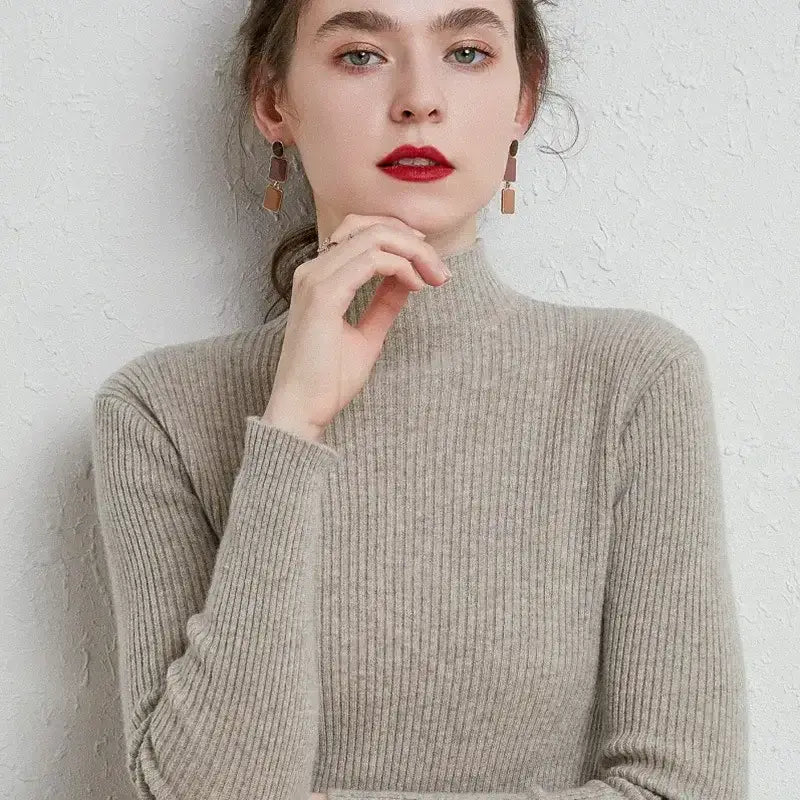 Autumn Winter New Half Turtleneck Pullover Sweater for Women Slim Fit Short Long Sleeve Knitted Base Shirt Polyester Viscose Fiber Sweater - wilf Trend