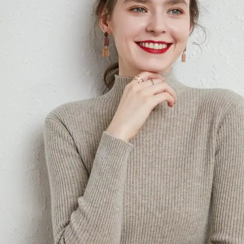 Autumn Winter New Half Turtleneck Pullover Sweater for Women Slim Fit Short Long Sleeve Knitted Base Shirt Polyester Viscose Fiber Sweater - wilf Trend