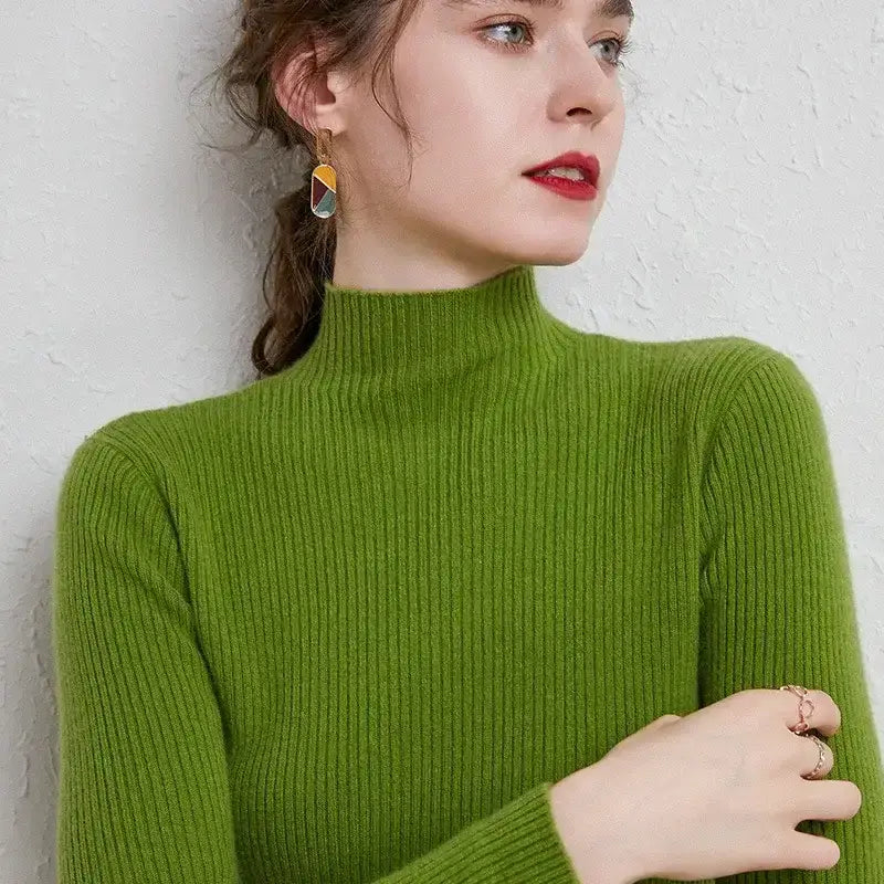 Autumn Winter New Half Turtleneck Pullover Sweater for Women Slim Fit Short Long Sleeve Knitted Base Shirt Polyester Viscose Fiber Sweater - wilf Trend