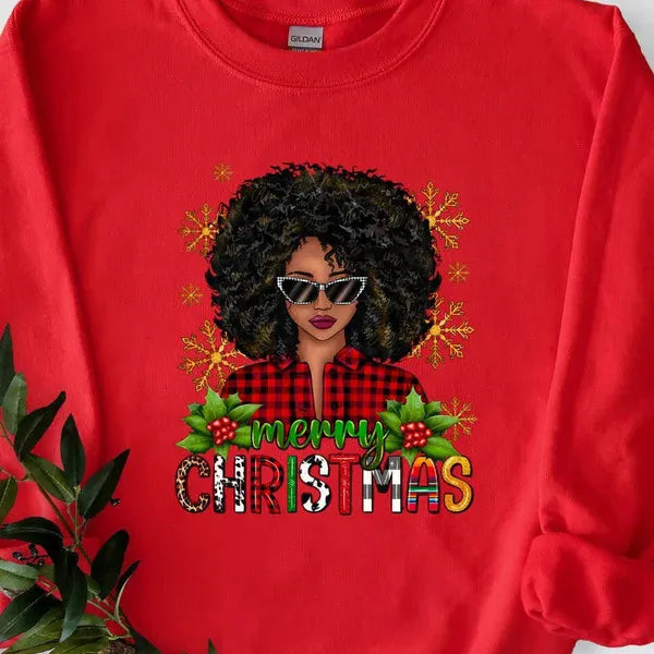 Red Afro Woman Merry Christmas Sweatshirt – Festive Women’s Top – Wilf Trend
